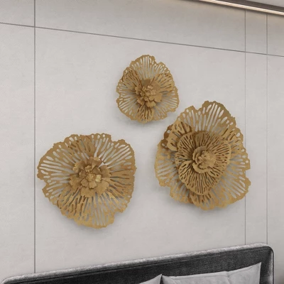 Metal Floral Wall Decor Set Of 3 Gold - Olivia & May 13 Metal Floral Wall Decor Set Of 3 Gold - Olivia & May - Image 11