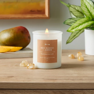 9oz Milky White Glass Woodwick Candle With Wood Lid And Stamped Logo Red Mango And Amber - Threshold™ 3 9oz Milky White Glass Woodwick Candle With Wood Lid And Stamped Logo Red Mango And Amber - Threshold™