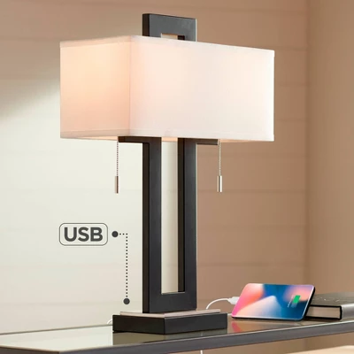 360 Lighting Neil Modern Rustic Table Lamp 26" High Black Metal With USB Charging Port White Rectangular Shade For Bedroom Living Room Bedside Desk 3 360 Lighting Neil Modern Rustic Table Lamp 26" High Black Metal With USB Charging Port White Rectangular Shade For Bedroom Living Room Bedside Desk