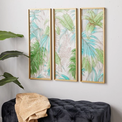 Set Of 3 Glass Leaf Tropical Wall Decors With Gold Frame Green - CosmoLiving By Cosmopolitan 5 Set Of 3 Glass Leaf Tropical Wall Decors With Gold Frame Green - CosmoLiving By Cosmopolitan - Image 3