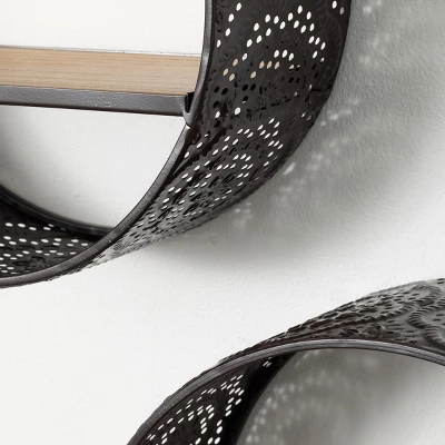 Sullivans Perforated Metal Round Shelf Set Of 2, 15.75"H & 14"H Black 3 Sullivans Perforated Metal Round Shelf Set Of 2, 15.75"H & 14"H Black