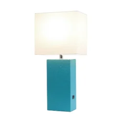 Leather Table Lamp And Fabric Shade Teal - Elegant Designs