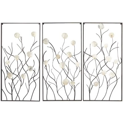 Set Of 3 Metal Floral Wall Decors With Capiz Accent Black - Olivia & May 3 Set Of 3 Metal Floral Wall Decors With Capiz Accent Black - Olivia & May
