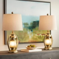 Franklin Iron Works Traditional Table Lamps With Night Light 25 1/4" High Set Of 2 Miner Lantern Gold Oatmeal Shade For Living Room Bedroom Home