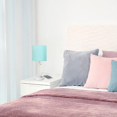 19.5" Bedside USB Port Feature Metal Table Desk Lamp White With Aqua Blue Fabric Shade - Creekwood Home 9 19.5" Bedside USB Port Feature Metal Table Desk Lamp White With Aqua Blue Fabric Shade - Creekwood Home - Image 7