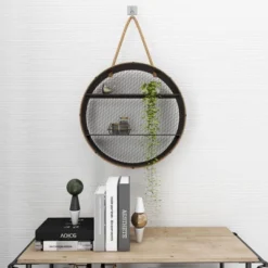 Metal Round 2 Shelf Wall Shelf With Hanging Rope Black - Olivia & May -Home Decor Store GUEST 7121b1a4 654c 4177 a3bb 14fb6deb5e7a