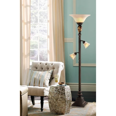 Kathy Ireland Mulholland Vintage Rustic Torchiere Floor Lamp With Side Lights 72" Tall Bronze Tortoise Shell Frosted Glass For Living Room Reading 10 Kathy Ireland Mulholland Vintage Rustic Torchiere Floor Lamp With Side Lights 72" Tall Bronze Tortoise Shell Frosted Glass For Living Room Reading - Image 8