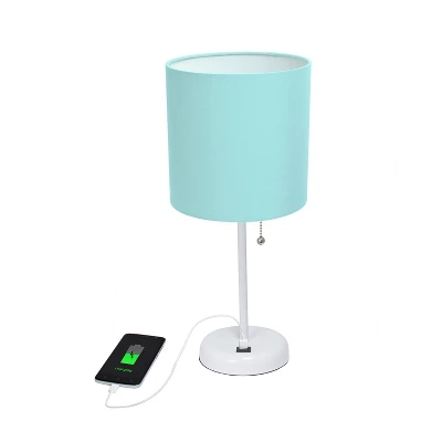 19.5" Bedside USB Port Feature Metal Table Desk Lamp White With Aqua Blue Fabric Shade - Creekwood Home 4 19.5" Bedside USB Port Feature Metal Table Desk Lamp White With Aqua Blue Fabric Shade - Creekwood Home - Image 2