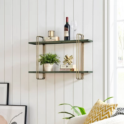 32.3" X 22" 2 Tier Metal And Wood Hanging Bracket Wall Mounted Shelf Gold - Danya B. 4 32.3" X 22" 2 Tier Metal And Wood Hanging Bracket Wall Mounted Shelf Gold - Danya B. - Image 2