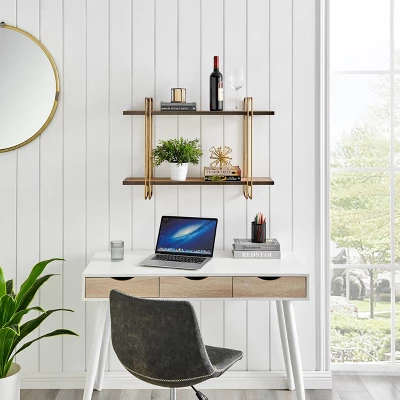 32.3" X 22" 2 Tier Metal And Wood Hanging Bracket Wall Mounted Shelf Gold - Danya B. 5 32.3" X 22" 2 Tier Metal And Wood Hanging Bracket Wall Mounted Shelf Gold - Danya B. - Image 3