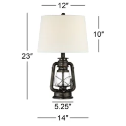 Franklin Iron Works Murphy Industrial Rustic Accent Table Lamp 23" High Weathered Bronze Miner Lantern Oatmeal Fabric Shade For Bedroom Living Room -Home Decor Store GUEST 822dae0e 27cb 482b 830e 60d5f4a43274