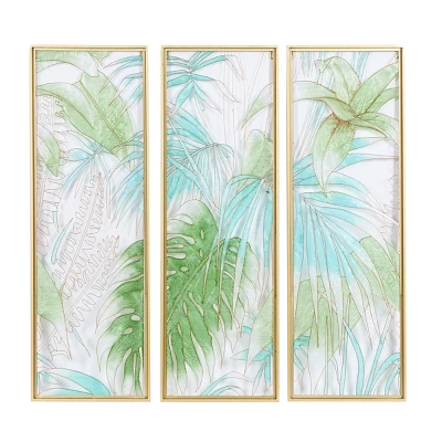 Set Of 3 Glass Leaf Tropical Wall Decors With Gold Frame Green - CosmoLiving By Cosmopolitan 3 Set Of 3 Glass Leaf Tropical Wall Decors With Gold Frame Green - CosmoLiving By Cosmopolitan
