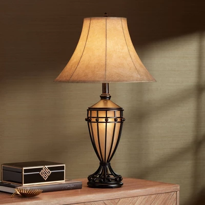 Franklin Iron Works Traditional Table Lamps 33" Tall Set Of 2 With Nightlight Brushed Iron Urn Beige Fabric Shade For Living Room Bedroom 4 Franklin Iron Works Traditional Table Lamps 33" Tall Set Of 2 With Nightlight Brushed Iron Urn Beige Fabric Shade For Living Room Bedroom - Image 2