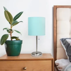 19.5" Bedside USB Port Feature Metal Table Desk Lamp Brushed Steel With Aqua Blue Fabric Shade - Creekwood Home -Home Decor Store GUEST 97aac017 e9b6 4a66 b0ac 0ed0f6523b3c