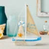 Juvale Enjoy It Wooden Sailboat Model With Flag, Net, Starfish, And Floating Tube For Nautical Home And Bathroom Boat Decor, Shelf, 13x8x3 In