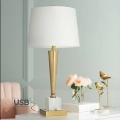 Possini Euro Design Wayne Modern Table Lamps 29 1/4" Tall Set Of 2 Brass With USB Charging Port White Fabric Drum Shade For Bedroom Living Room Kids 17 Possini Euro Design Wayne Modern Table Lamps 29 1/4" Tall Set Of 2 Brass With USB Charging Port White Fabric Drum Shade For Bedroom Living Room Kids -Home Decor Store GUEST 9c4acf03 a683 4634 bef1 93c120513c08