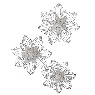 Set Of 3 Collection Of Floral Blooms Metal Wall Sculpture With Open Wire Petals White/Brown/Black - StyleCrfat 4 Set Of 3 Collection Of Floral Blooms Metal Wall Sculpture With Open Wire Petals White/Brown/Black - StyleCrfat - Image 2