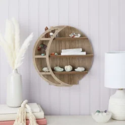 Brown Wooden Moon Shelf, Rustic Wall Home Decor, Crystal Holder For Stones Display And Essential Oils (12 X 12 X 3 In)