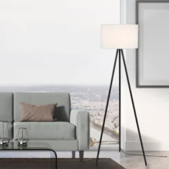 61.25" Metal Tripod Floor Lamp With Linen Shade Black/White - Cresswell Lighting -Home Decor Store GUEST af405096 14d2 4ebf bdcb bf98d88ae816