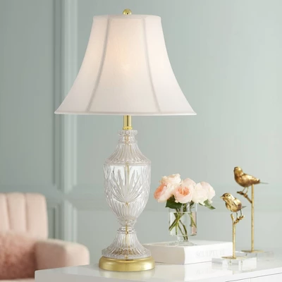 Regency Hill Traditional Table Lamp 26.5" High Cut Glass Urn Brass White Cream Bell Shade For Living Room Family Bedroom Bedside Nightstand 3 Regency Hill Traditional Table Lamp 26.5" High Cut Glass Urn Brass White Cream Bell Shade For Living Room Family Bedroom Bedside Nightstand