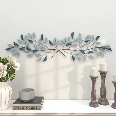 15" X 52" Metal Leaf Wall Decor With Gold Accent Blue - Olivia & May 3 15" X 52" Metal Leaf Wall Decor With Gold Accent Blue - Olivia & May