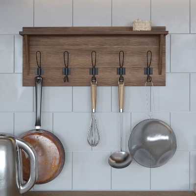 Merrick Lane 24 Inch Wall Mount Pine Wood Storage Rack With 5 Hanging Hooks, Entryway, Kitchen, Bathroom 6 Merrick Lane 24 Inch Wall Mount Pine Wood Storage Rack With 5 Hanging Hooks, Entryway, Kitchen, Bathroom - Image 4