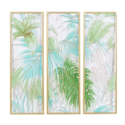 Set Of 3 Glass Leaf Tropical Wall Decors With Gold Frame Green - CosmoLiving By Cosmopolitan 4 Set Of 3 Glass Leaf Tropical Wall Decors With Gold Frame Green - CosmoLiving By Cosmopolitan - Image 2