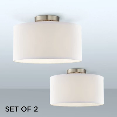 360 Lighting Adams Modern Ceiling Light Semi Flush Mount Fixtures 14" Wide Set Of 2 Brushed Nickel White Fabric Drum For Bedroom Kitchen Living Room 3 360 Lighting Adams Modern Ceiling Light Semi Flush Mount Fixtures 14" Wide Set Of 2 Brushed Nickel White Fabric Drum For Bedroom Kitchen Living Room