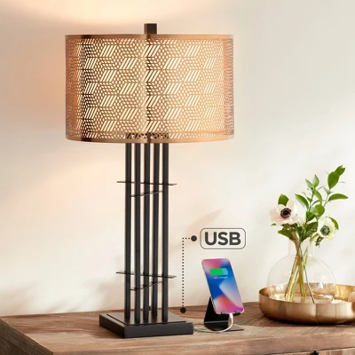 Possini Euro Design Deborah Modern Mid Century Table Lamp 30" Tall Black With USB Charging Port Gold Metal Double Drum Shades For Living Room Desk 3 Possini Euro Design Deborah Modern Mid Century Table Lamp 30" Tall Black With USB Charging Port Gold Metal Double Drum Shades For Living Room Desk