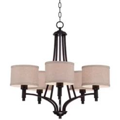 Franklin Iron Works La Pointe Oil Rubbed Bronze Pendant Chandelier 26" Wide Rustic Oatmeal Linen Shade 5-Light Fixture For Dining Room Kitchen Island -Home Decor Store GUEST d3568520 e7b6 415b 845e b4ceddc67fe8