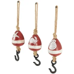 Set Of 3 Wood Buoy Wall Decors With Jute Rope And Metal Hook Red - Olivia & May