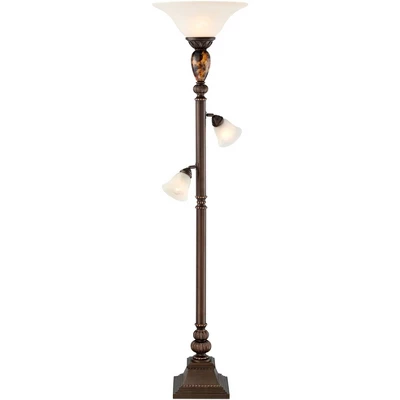 Kathy Ireland Mulholland Vintage Rustic Torchiere Floor Lamp With Side Lights 72" Tall Bronze Tortoise Shell Frosted Glass For Living Room Reading 8 Kathy Ireland Mulholland Vintage Rustic Torchiere Floor Lamp With Side Lights 72" Tall Bronze Tortoise Shell Frosted Glass For Living Room Reading - Image 6