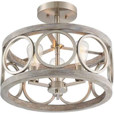 Franklin Iron Works Salima Rustic Farmhouse Ceiling Light Semi Flush Mount 16" Wide Brushed Nickel Gray Wood 3-Light LED For Bedroom Living Room House 7 Franklin Iron Works Salima Rustic Farmhouse Ceiling Light Semi Flush Mount 16" Wide Brushed Nickel Gray Wood 3-Light LED For Bedroom Living Room House - Image 5