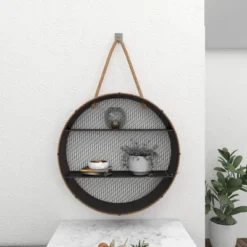 Metal Round 2 Shelf Wall Shelf With Hanging Rope Black - Olivia & May -Home Decor Store GUEST ec1949eb de0d 4011 89b6 47926a6219e3