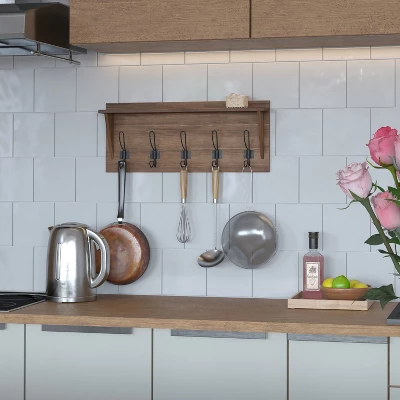 Merrick Lane 24 Inch Wall Mount Pine Wood Storage Rack With 5 Hanging Hooks, Entryway, Kitchen, Bathroom 3 Merrick Lane 24 Inch Wall Mount Pine Wood Storage Rack With 5 Hanging Hooks, Entryway, Kitchen, Bathroom