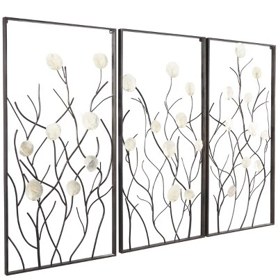 Set Of 3 Metal Floral Wall Decors With Capiz Accent Black - Olivia & May 4 Set Of 3 Metal Floral Wall Decors With Capiz Accent Black - Olivia & May - Image 2