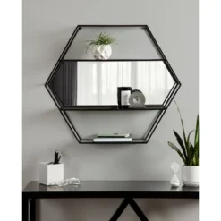 28" X 24" Lintz Hexagon Decorative Wall Mirror Shelf Black - Kate & Laurel All Things Decor -Home Decor Store GUEST fb5ad378 1177 4f0b 900f 7707c846ac96