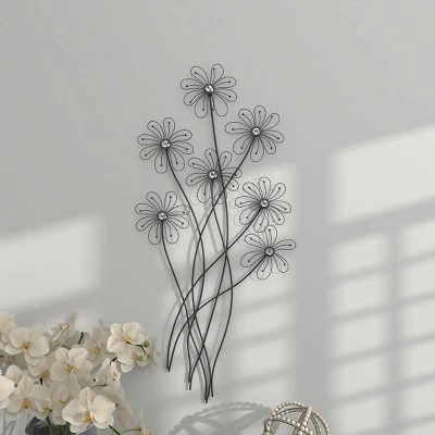 Metal Floral 3D Wire Wall Decor With Crystal Embellishments Black - Olivia & May 4 Metal Floral 3D Wire Wall Decor With Crystal Embellishments Black - Olivia & May - Image 2