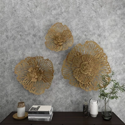 Metal Floral Wall Decor Set Of 3 Gold - Olivia & May 12 Metal Floral Wall Decor Set Of 3 Gold - Olivia & May - Image 10